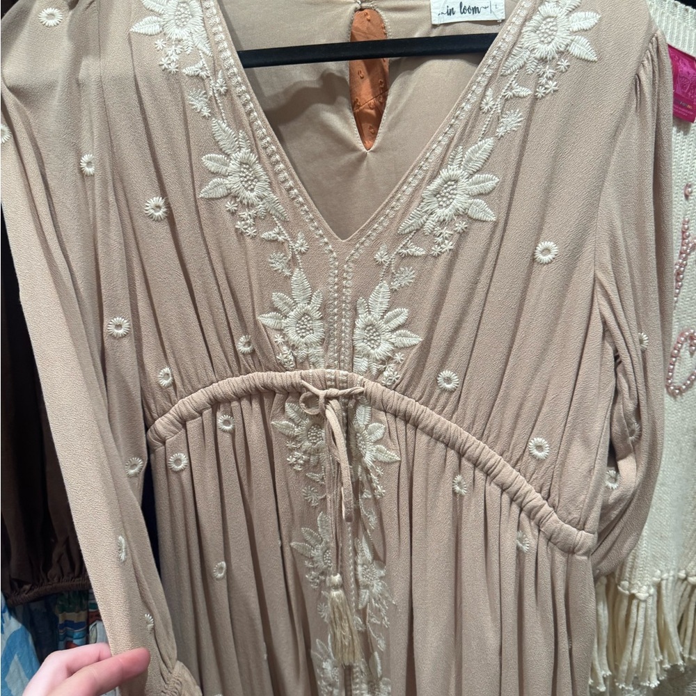Beige Embroidered V-Neck Dress